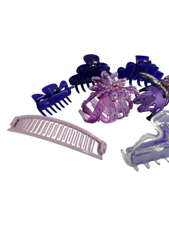 Vintage Lot 6 Purple Plastic Hair Claw Clips Rhinestones, Butterfly, Banana 80s main image 4